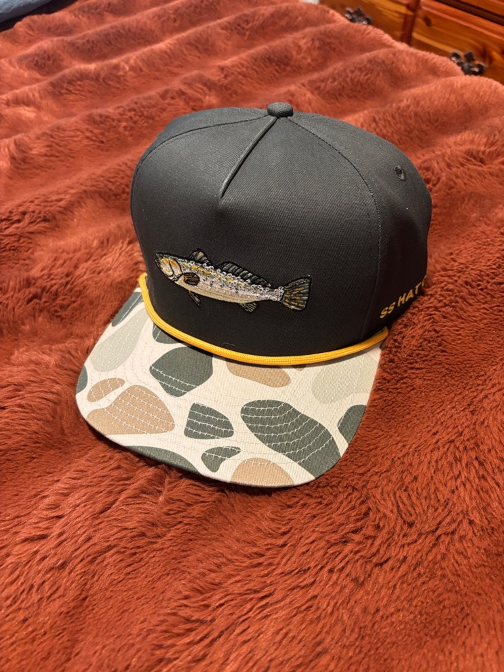 SS Co. Fish-Embroidered Snapback Hat with Camouflage Brim